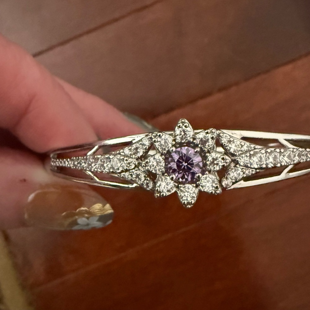 Silver-tone and Purple Women's Bangle Bracelet - 18K White Gold Filled - Picture 4 of 11